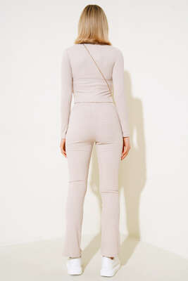 Fermuarlı Yırmaçlı Pantolon İkili Takım Bej - Kadın Giyim Modelleri
