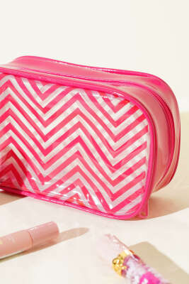  Fermuarlı Zigzag Desenli Kozmetik Çantası Fuşya - Makyaj Aksesuarları