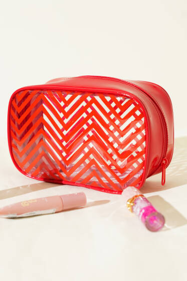  Fermuarlı Zigzag Desenli Kozmetik Çantası Kırmızı - Makyaj Aksesuarları