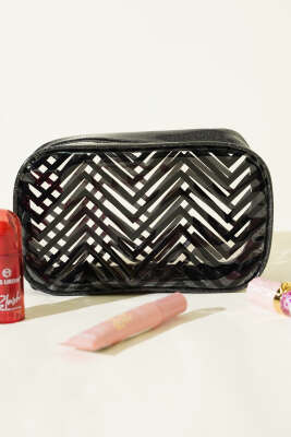  Fermuarlı Zigzag Desenli Kozmetik Çantası Siyah - NEW WELL