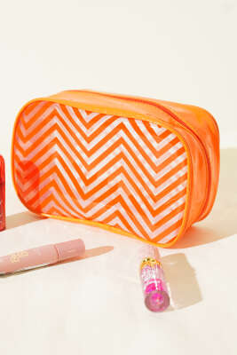  Fermuarlı Zigzag Desenli Kozmetik Çantası Turuncu - NEW WELL