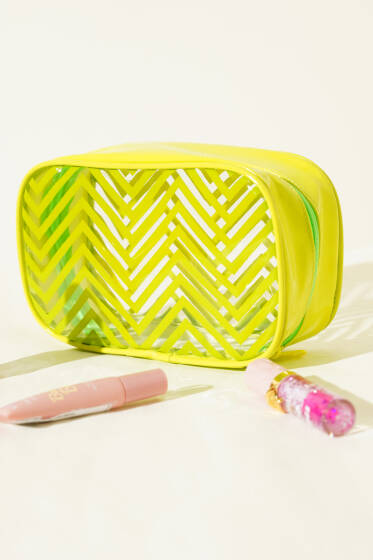  Fermuarlı Zigzag Desenli Kozmetik Çantası Yeşil - Makyaj Aksesuarları