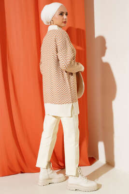 Fermuarlı Zikzak Desen Triko Tunik Bej - Triko Tunik