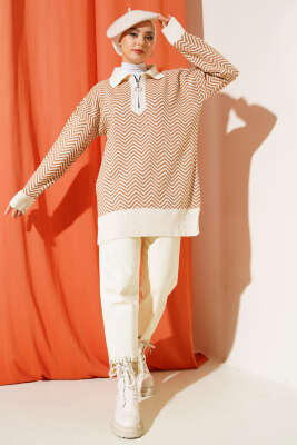 Fermuarlı Zikzak Desen Triko Tunik Bej - Triko Tunik