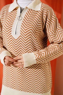 Fermuarlı Zikzak Desen Triko Tunik Bej - Triko Tunik