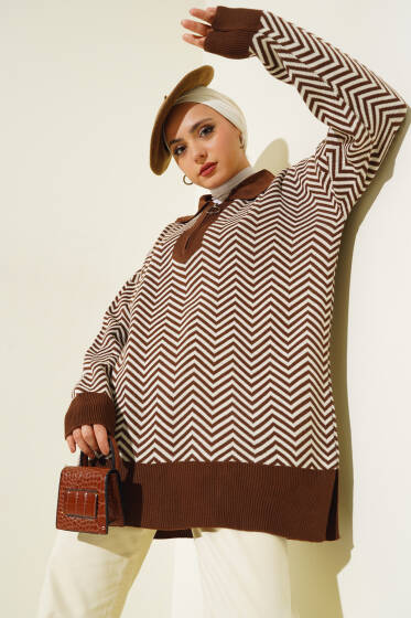 Fermuarlı Zikzak Desen Triko Tunik Kahve - Spor Tunik