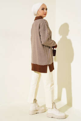 Fermuarlı Zikzak Desen Triko Tunik Kahve - Triko Tunik