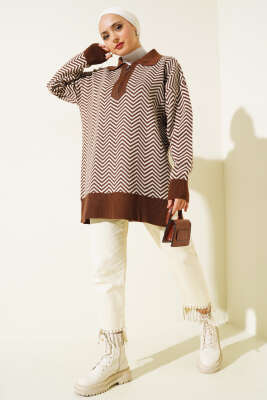 Fermuarlı Zikzak Desen Triko Tunik Kahve - Triko Tunik