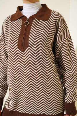 Fermuarlı Zikzak Desen Triko Tunik Kahve - Triko Tunik
