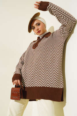 Fermuarlı Zikzak Desen Triko Tunik Kahve 