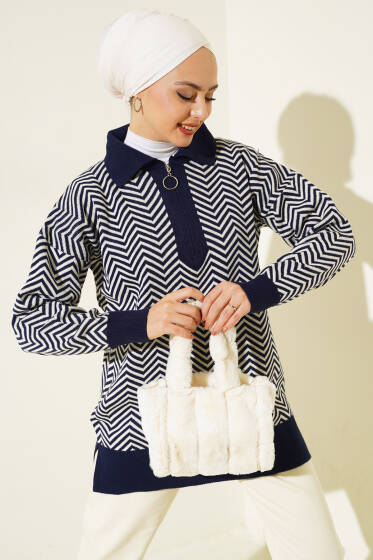 Fermuarlı Zikzak Desen Triko Tunik Lacivert - Spor Tunik