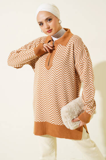 Fermuarlı Zikzak Desen Triko Tunik Latte - Spor Tunik