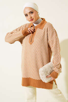 Fermuarlı Zikzak Desen Triko Tunik Latte - SUDE NAZ