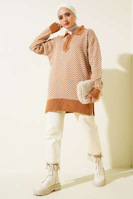 Fermuarlı Zikzak Desen Triko Tunik Latte - Triko Tunik
