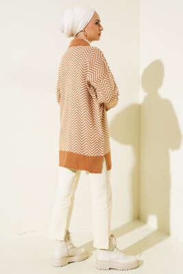 Fermuarlı Zikzak Desen Triko Tunik Latte - Triko Tunik