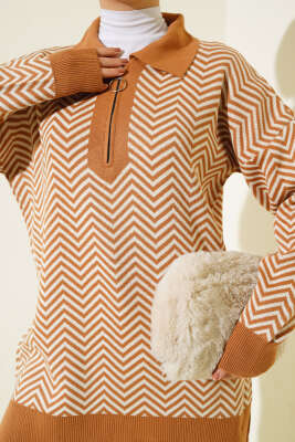 Fermuarlı Zikzak Desen Triko Tunik Latte - Triko Tunik
