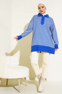 Fermuarlı Zikzak Desen Triko Tunik Saks - Triko Tunik