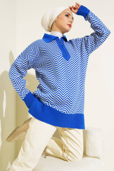 Fermuarlı Zikzak Desen Triko Tunik Saks - Triko Tunik