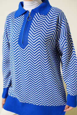 Fermuarlı Zikzak Desen Triko Tunik Saks - Triko Tunik