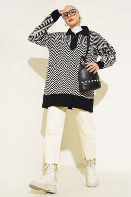 Fermuarlı Zikzak Desen Triko Tunik Siyah - Triko Tunik