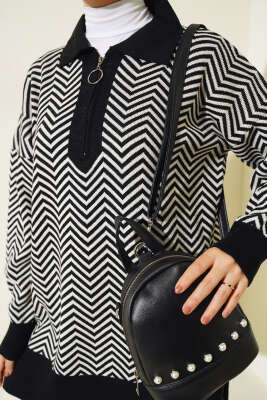 Fermuarlı Zikzak Desen Triko Tunik Siyah - Triko Tunik