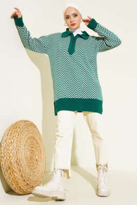 Fermuarlı Zikzak Desen Triko Tunik Zümrüt - Triko Tunik