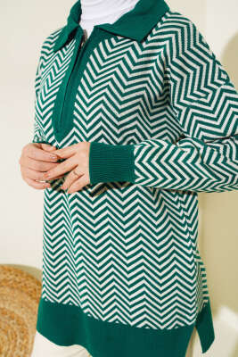 Fermuarlı Zikzak Desen Triko Tunik Zümrüt - Triko Tunik