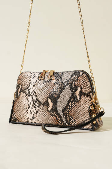 Fermuarlı Zincir Askılı Çanta Bej Yılan - Kol Çantası