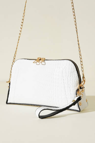 Fermuarlı Zincir Askılı Çanta Beyaz Kroko - Kol Çantası