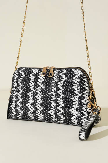 Fermuarlı Zincir Askılı Çanta Beyaz Siyah - Kol Çantası