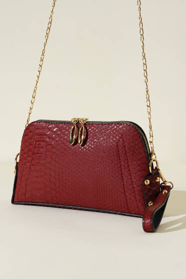 Fermuarlı Zincir Askılı Çanta Bordo Kroko - Kol Çantası