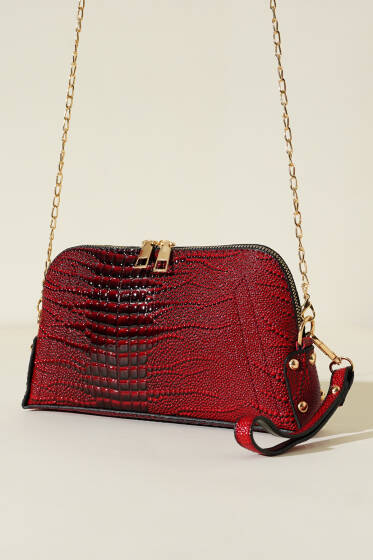 Fermuarlı Zincir Askılı Çanta Bordo Yılan - Kol Çantası