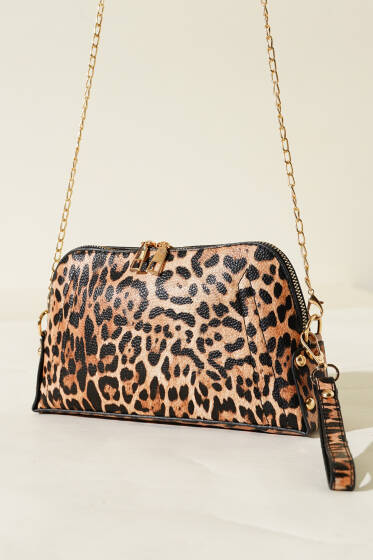 Fermuarlı Zincir Askılı Çanta Leopar Kahve - Kol Çantası