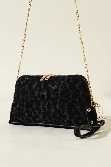 Fermuarlı Zincir Askılı Çanta Leopar Siyah - Kol Çantası