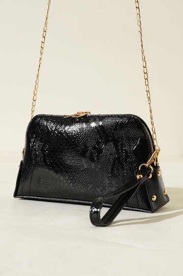 Fermuarlı Zincir Askılı Çanta Siyah Yılan - Kol Çantası