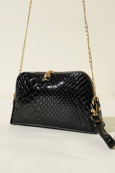 Fermuarlı Zincir Askılı Çanta Siyah Kroko - Kol Çantası