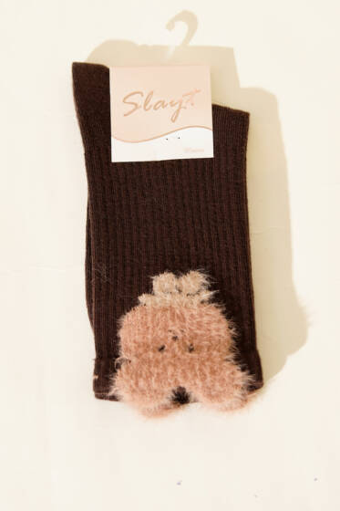 Figürlü Sakallı Kadın Soket Çorap Kahve - Soket Çorap