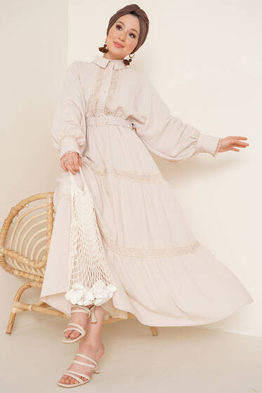 File Dantel Detaylı Keten Elbise Bej - Tesettür Elbise