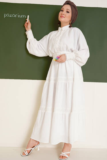 File Dantel Detaylı Keten Elbise Ekru - Tesettür Elbise