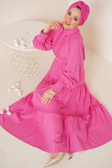 File Dantel Detaylı Keten Elbise Fuşya - Tesettür Elbise