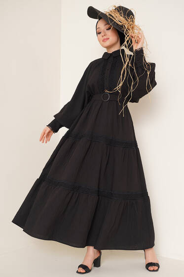 File Dantel Detaylı Keten Elbise Siyah - Tesettür Elbise