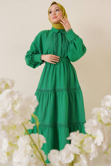 File Dantel Detaylı Keten Elbise Yeşil - Tesettür Elbise
