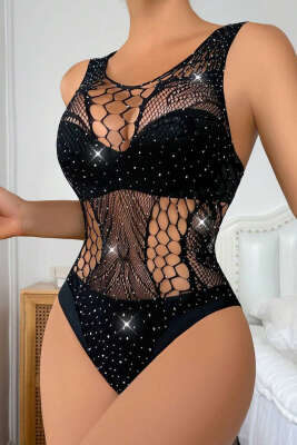 File Detaylı Mini Taşlı Fantezi Vücut Çorabı Siyah - Fantezi İç Giyim