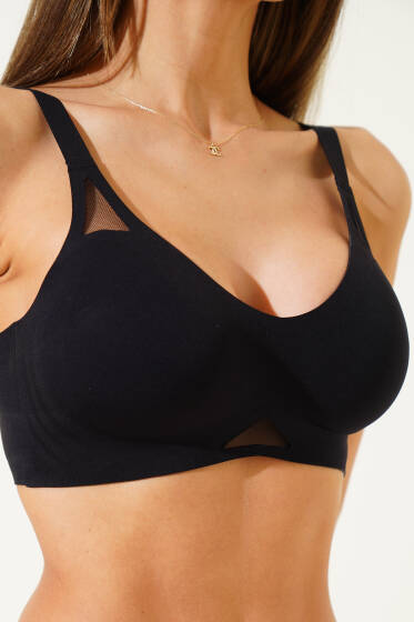 File Detaylı Sıfır His Ziro Gram Sütyen Siyah - Toparlayıcı Sütyen / Minimizer Sütyen