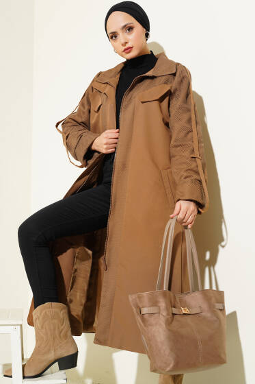 File Garnili Kuşaklı Trençkot Kahve - Trençkot