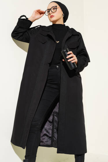 File Garnili Kuşaklı Trençkot Siyah - Trençkot