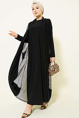 Fileli Detaylı Abaya Siyah - HBS