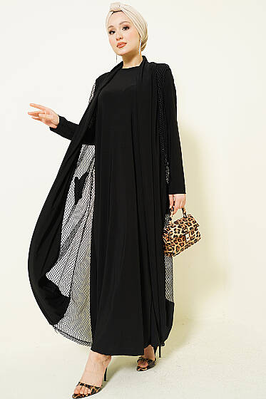 Fileli Detaylı Abaya Siyah - Elbise