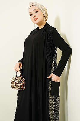 Fileli Detaylı Abaya Siyah - Elbise