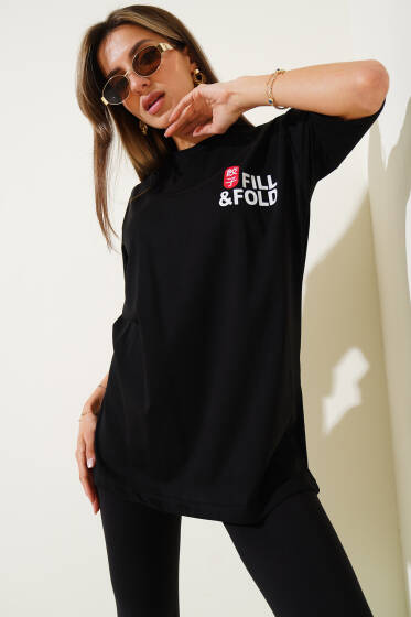  Fill Fold Baskılı T-shirt Siyah - Kadın Giyim Modelleri